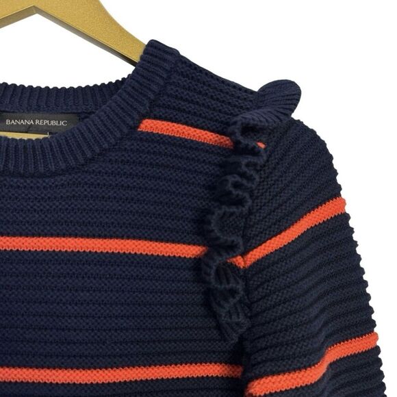 Banana Republic Size M Navy Striped Crewneck Ruffle Chunky Knit Sweater Preppy - Picture 2 of 5